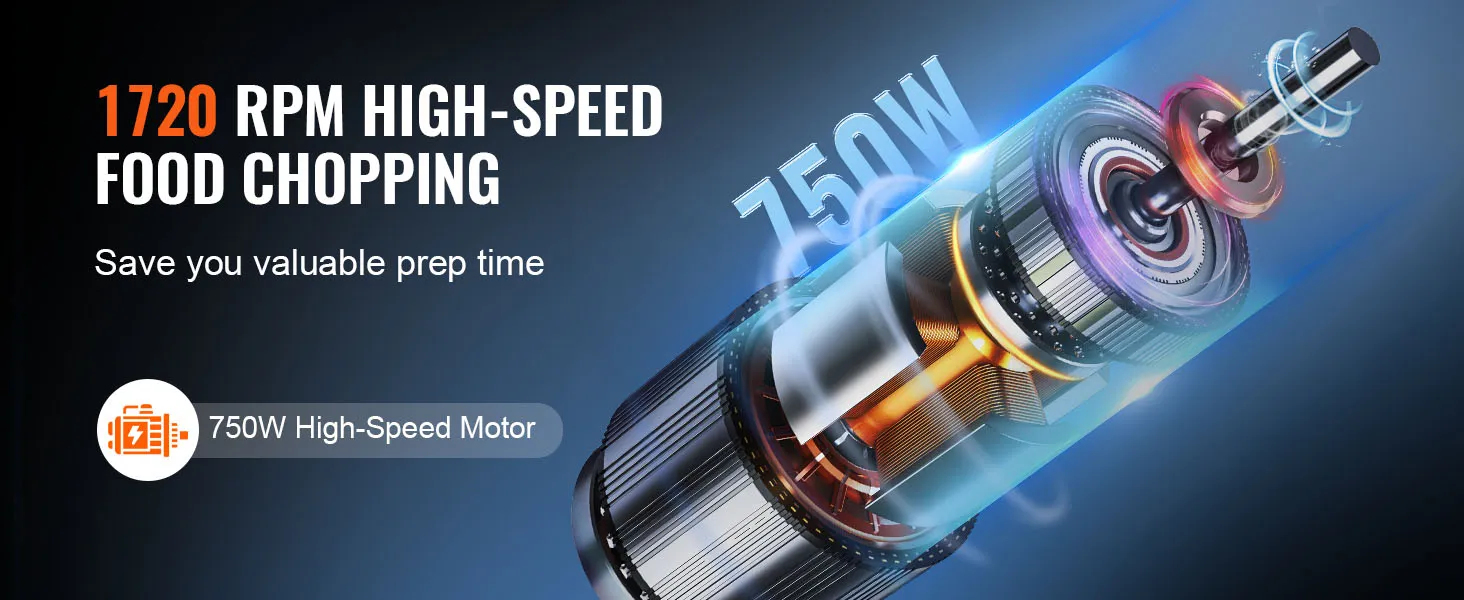 VEVOR-Küchenmaschine mit 1720 U/min und 750-W-Hochgeschwindigkeitsmotor spart Ihnen wertvolle Vorbereitungszeit.