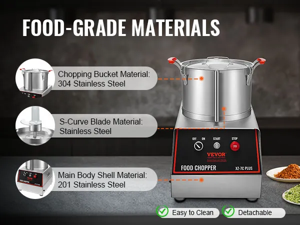 Küchenmaschine von VEVOR mit Edelstahlgehäuse, abnehmbarem Zerkleinerungsbehälter und leicht zu reinigenden Funktionen.