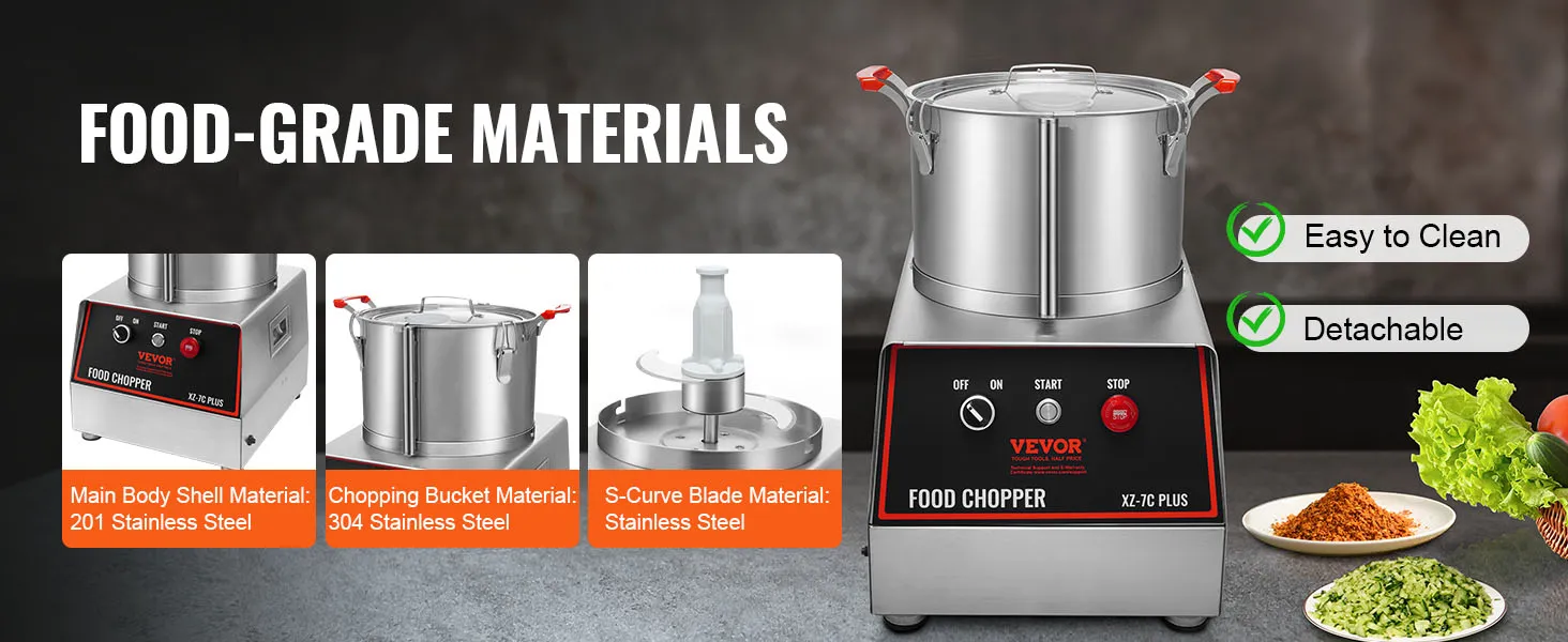 Küchenmaschine von VEVOR mit Edelstahlgehäuse, abnehmbarem Zerkleinerungsbehälter und leicht zu reinigenden Funktionen.