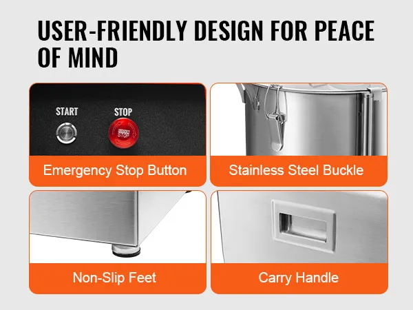 Die Küchenmaschine von VEVOR verfügt über einen Not-Aus-Schalter, eine Edelstahlschnalle, rutschfeste Füße und einen Tragegriff.