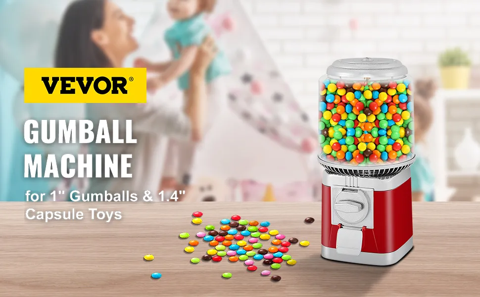 VEVOR gumball machine with colorful gumballs on wooden table, blurred background.