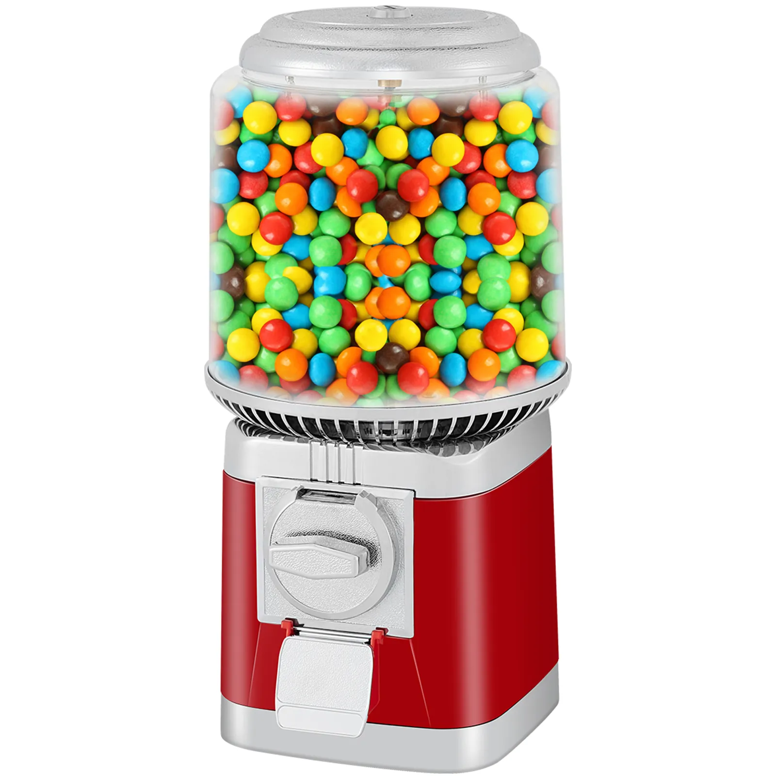 VEVOR gumball machine filled with colorful gumballs in a red dispenser.