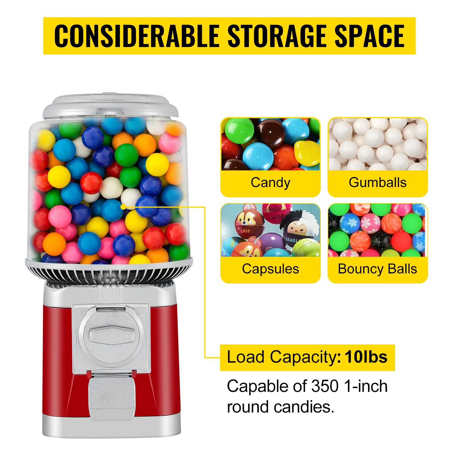 VEVOR gumball machine with colorful gumballs, candy, capsules, bouncy balls, 10lb capacity.