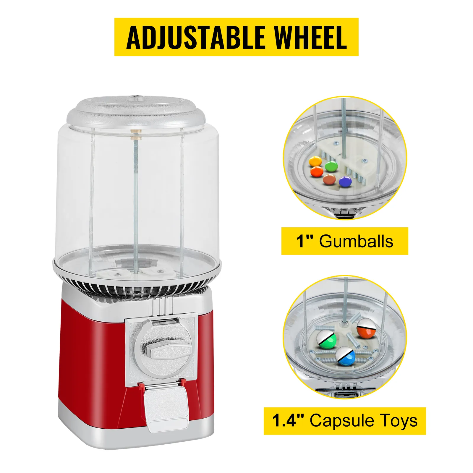 VEVOR gumball machine with adjustable wheel for 1-inch gumballs and 1.4-inch capsule toys.