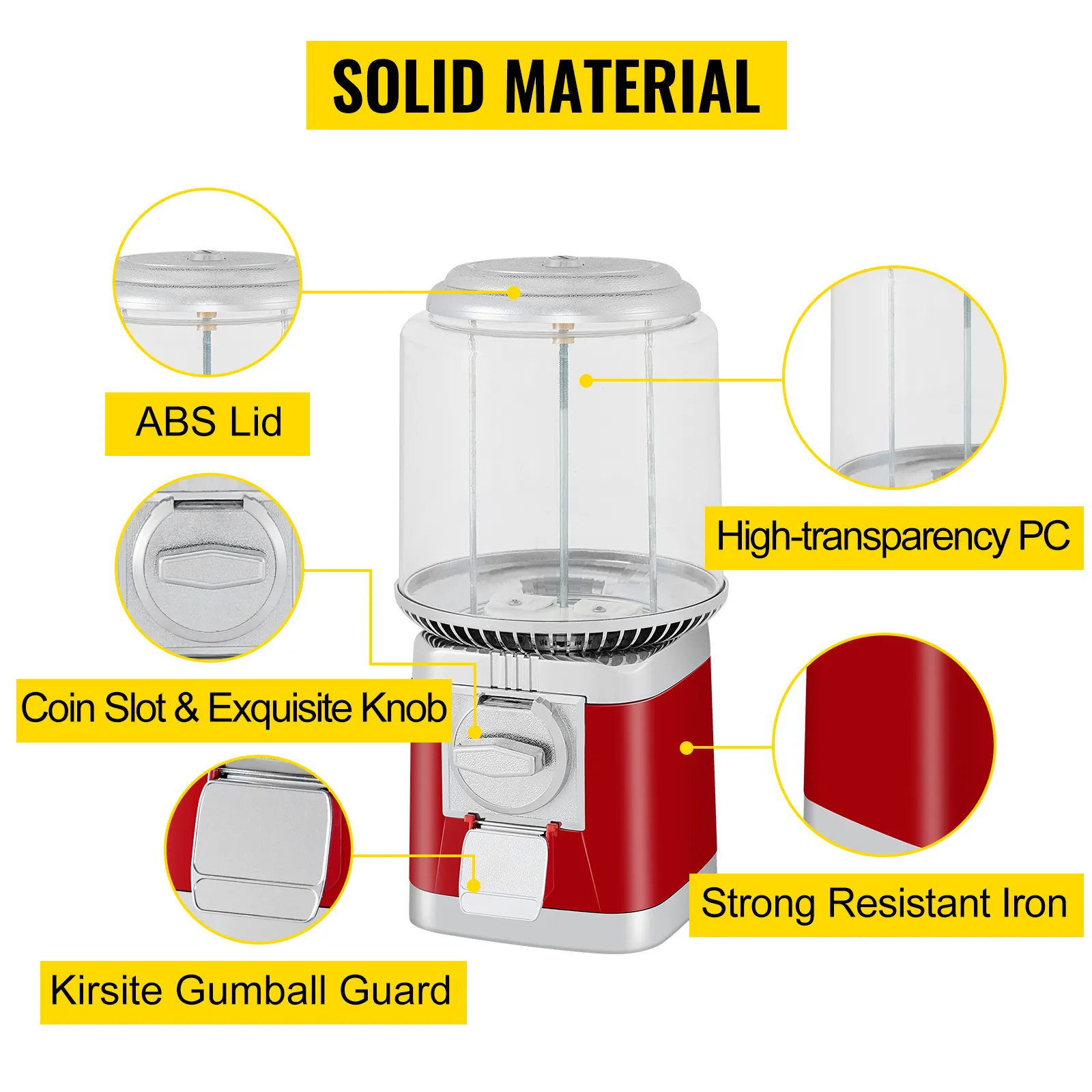 VEVOR gumball machine with abs lid, high-transparency pc, and strong-resistant iron.
