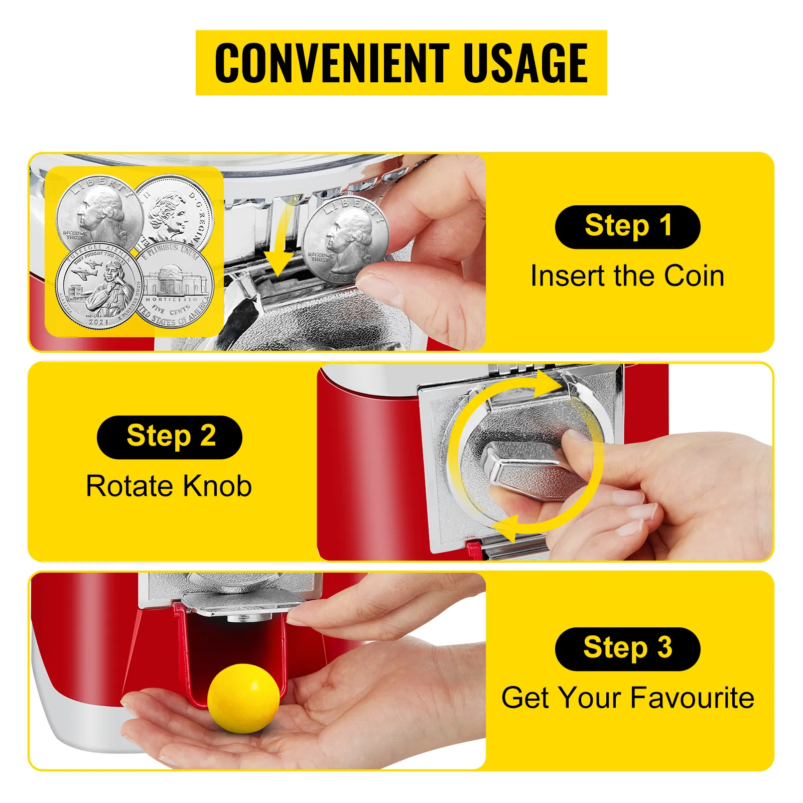 VEVOR gumball machine usage: insert coin, rotate knob, retrieve your favorite.