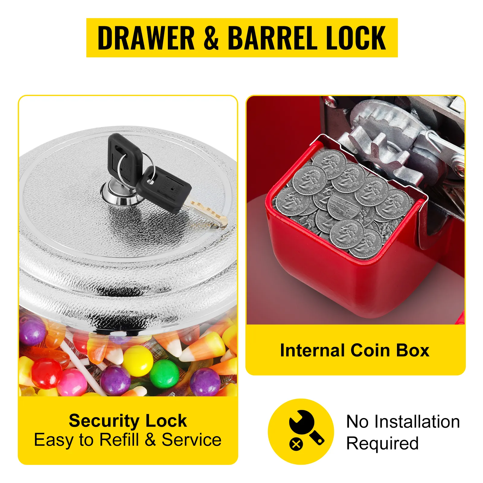 security lock and internal coin box of VEVOR gumball machine for easy refill and service.