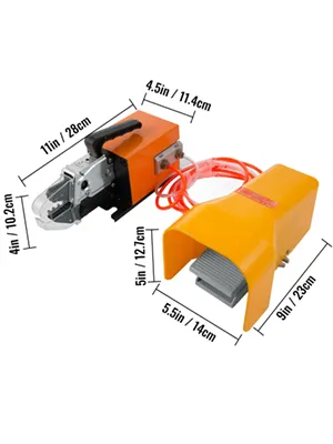 Herramienta de crimpado neumática VEVOR en carcasa naranja con dimensiones etiquetadas.