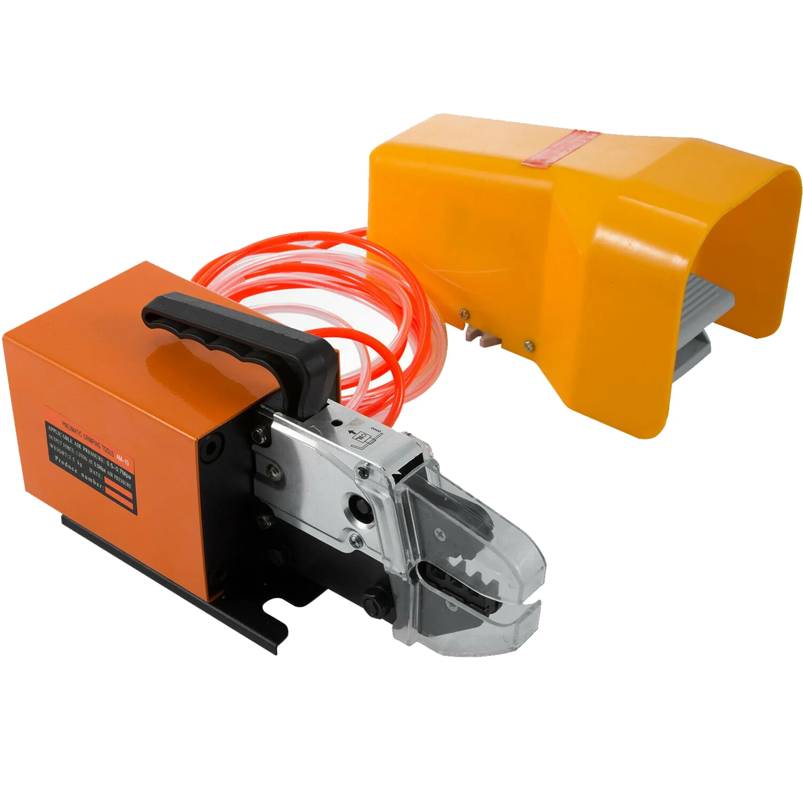 Herramienta de crimpado neumática VEVOR naranja con pedal amarillo y manguera neumática roja.
