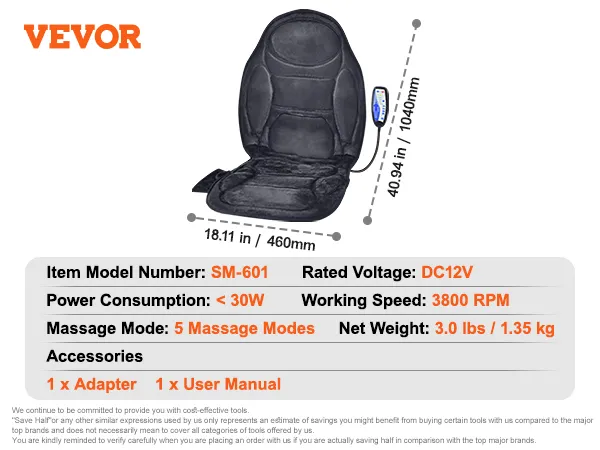 VEVOR massagekussen sm-601 met 5 standen, 12 volt dc, 3800 tpm, lichtgewicht (1,3 kg).