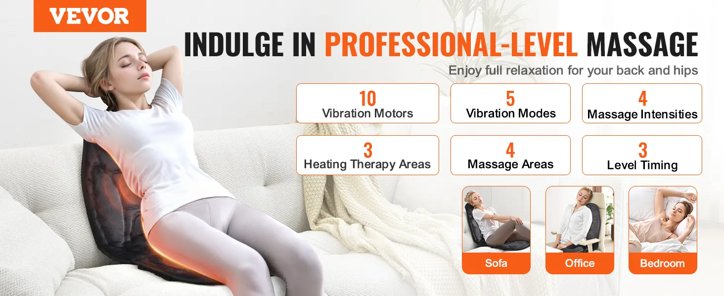 VEVOR massagekussen met 10 vibratiemotoren, 3 verwarmingstherapiezones en 3 timingniveaus.
