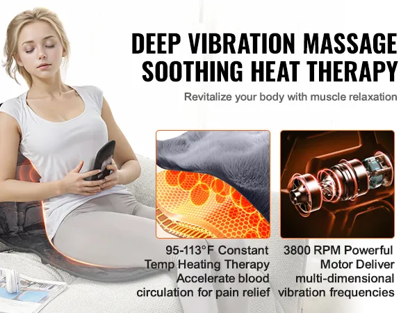 Diepe trillingsmassage en rustgevende warmtetherapie met VEVOR massagekussen voor spierontspanning.
