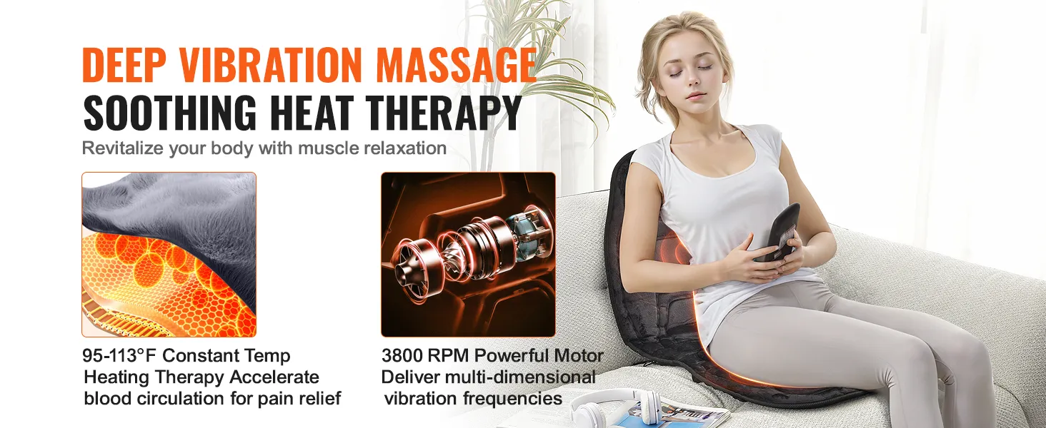 Diepe trillingsmassage en rustgevende warmtetherapie met VEVOR massagekussen voor spierontspanning.