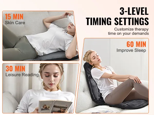 VEVOR massagekussen met 3 timingstanden voor huidverzorging, ontspannen lezen en een betere nachtrust.