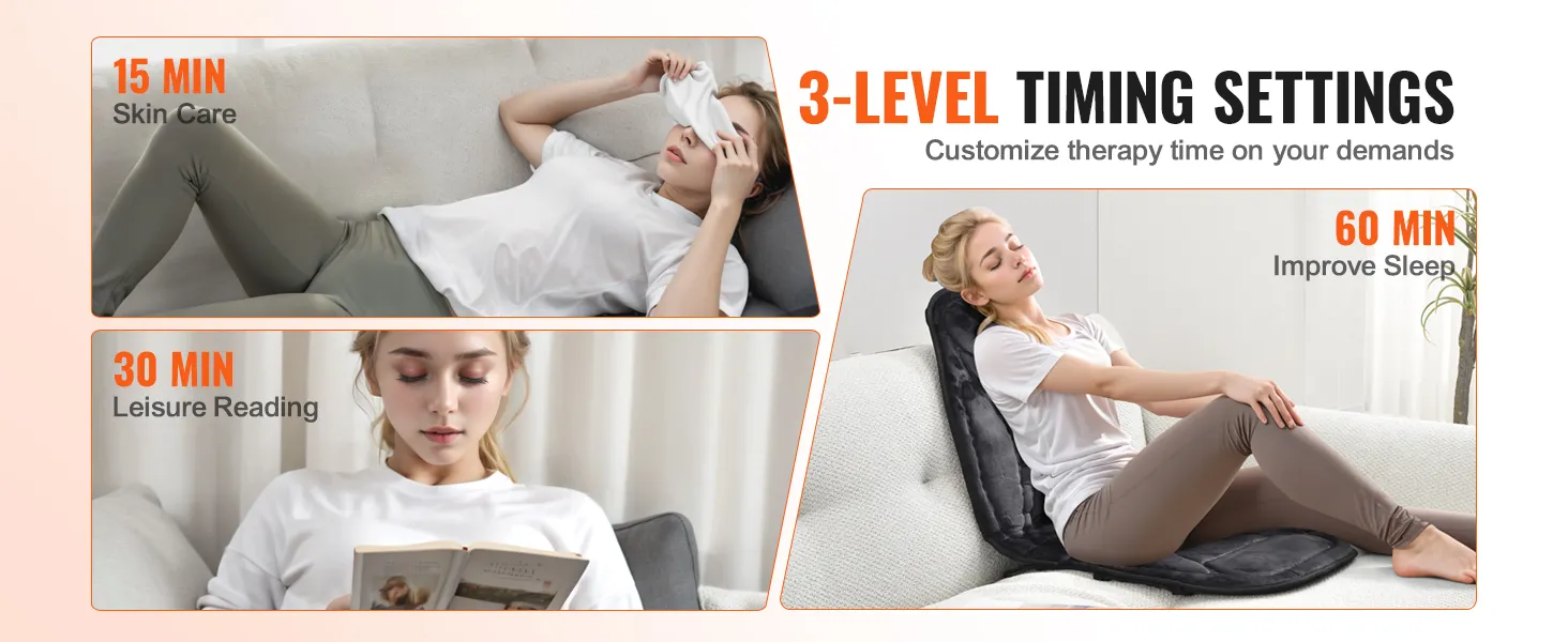 VEVOR massagekussen met 3 timingstanden voor huidverzorging, ontspannen lezen en een betere nachtrust.