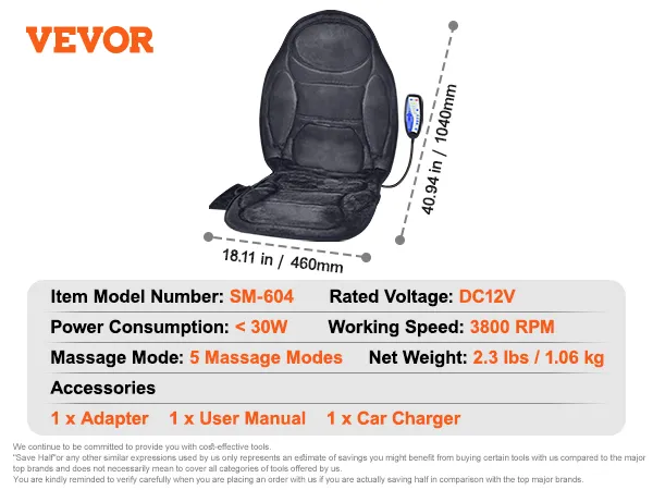 Cojín de asiento de masaje VEVOR con calor, 5 modos de masaje, dc12v, 3800 rpm, adaptador, cargador de coche.