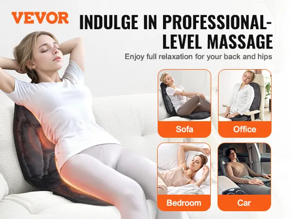 Cojín de asiento de masaje VEVOR con calor que ofrece motores de vibración, terapia de calor y múltiples modos de masaje.
