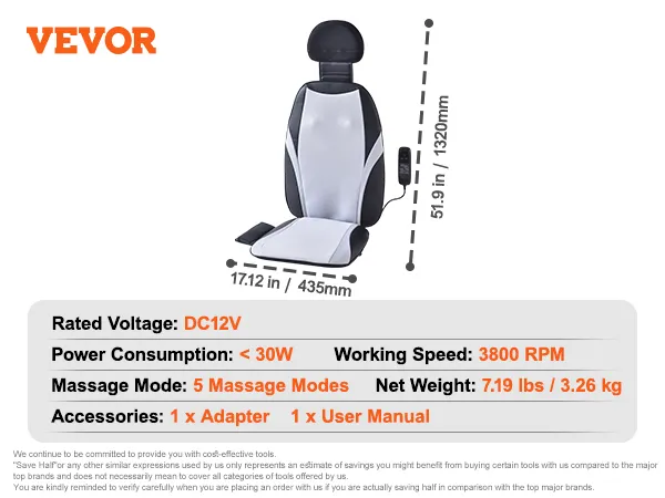 El masajeador de espalda Shiatsu VEVOR cuenta con 5 modos de masaje, configuraciones ajustables, alimentación de 12 V CC y accesorios.