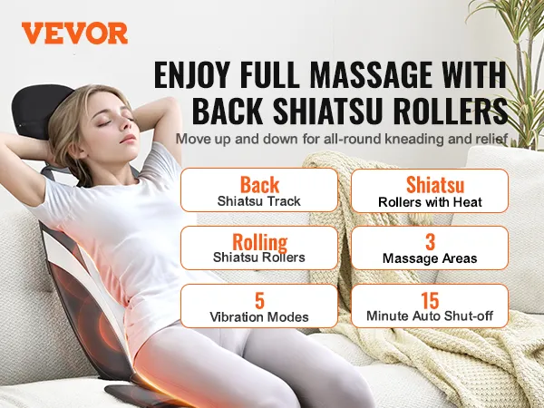 Masajeador de espalda shiatsu VEVOR con calor y vibración, que ofrece alivio total de la espalda y apagado automático de 15 minutos.