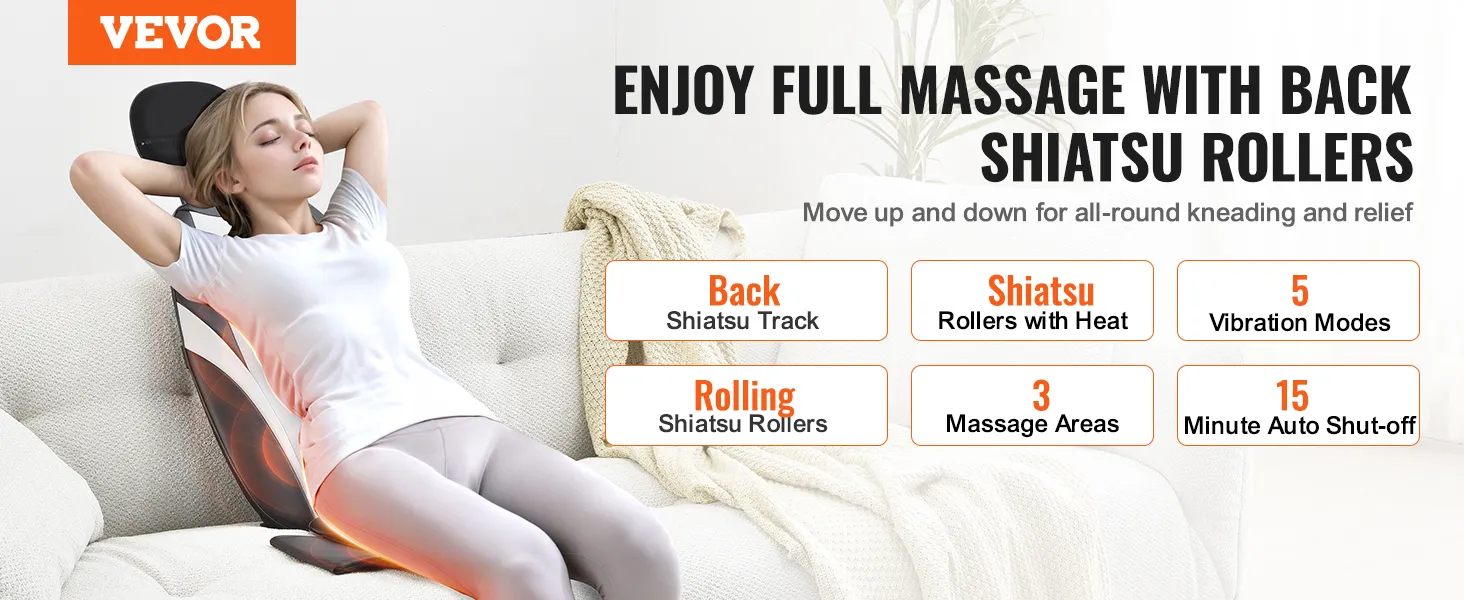 Masajeador de espalda shiatsu VEVOR con calor y vibración, que ofrece alivio total de la espalda y apagado automático de 15 minutos.