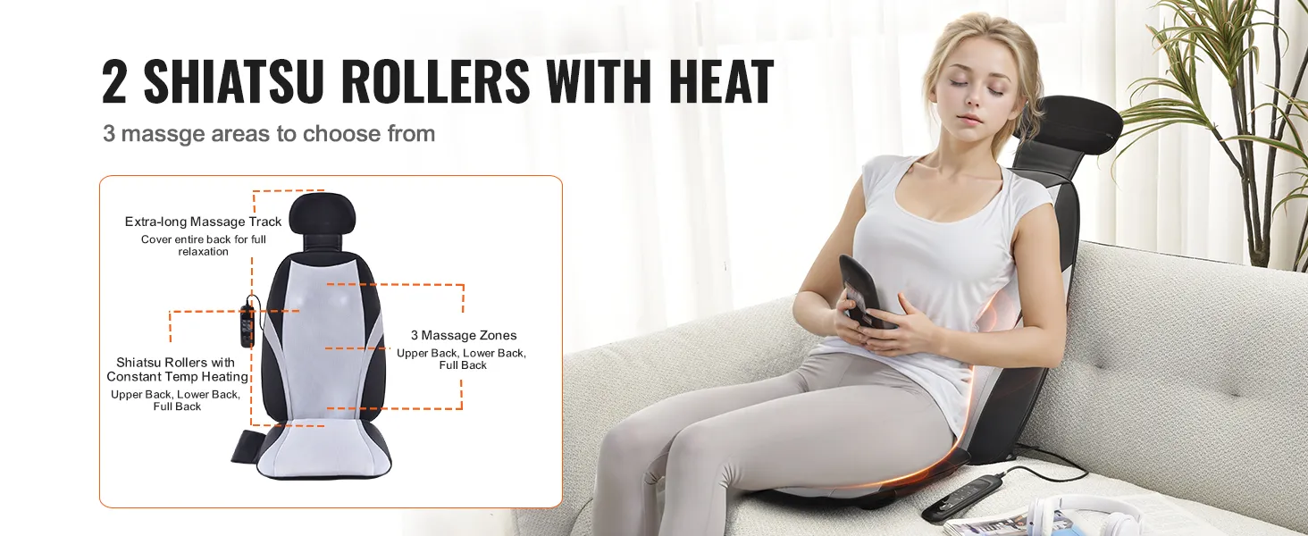 2 rodillos shiatsu con calor y 3 zonas de masaje para espalda superior, inferior y completa. Masajeador de espalda shiatsu VEVOR.
