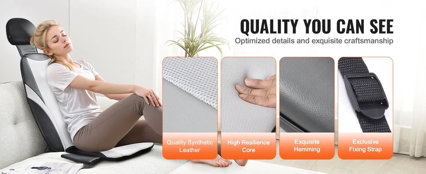 Mujer relajándose en el masajeador de espalda shiatsu VEVOR, que muestra cuero sintético, núcleo de alta resiliencia, dobladillo exquisito y correa de fijación.