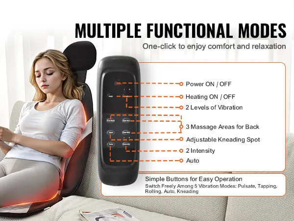 Mujer que usa el masajeador de espalda shiatsu VEVOR con control remoto, que muestra múltiples modos funcionales.