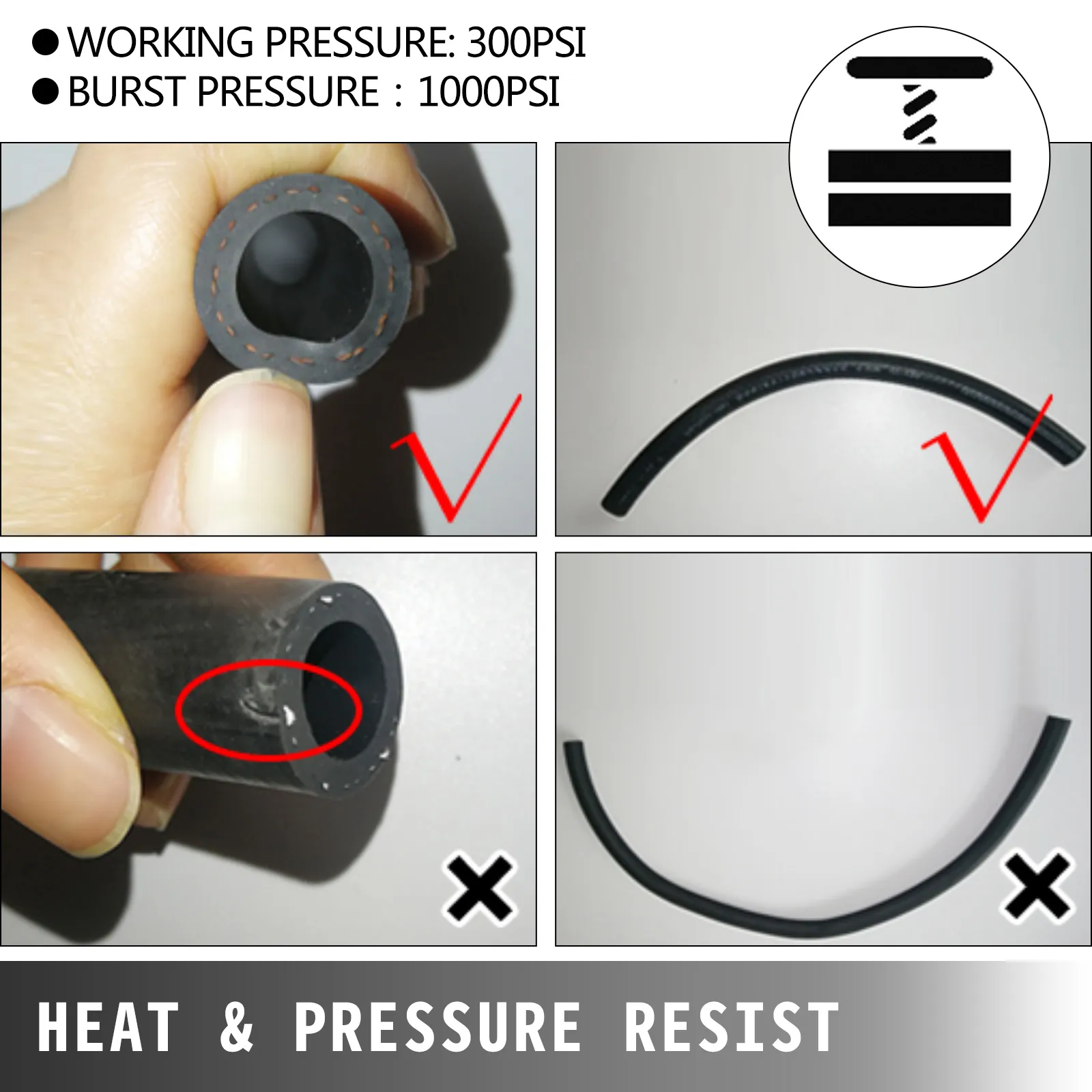 Comparación del kit de línea de combustible VEVOR que muestra la resistencia de presión correcta e incorrecta.