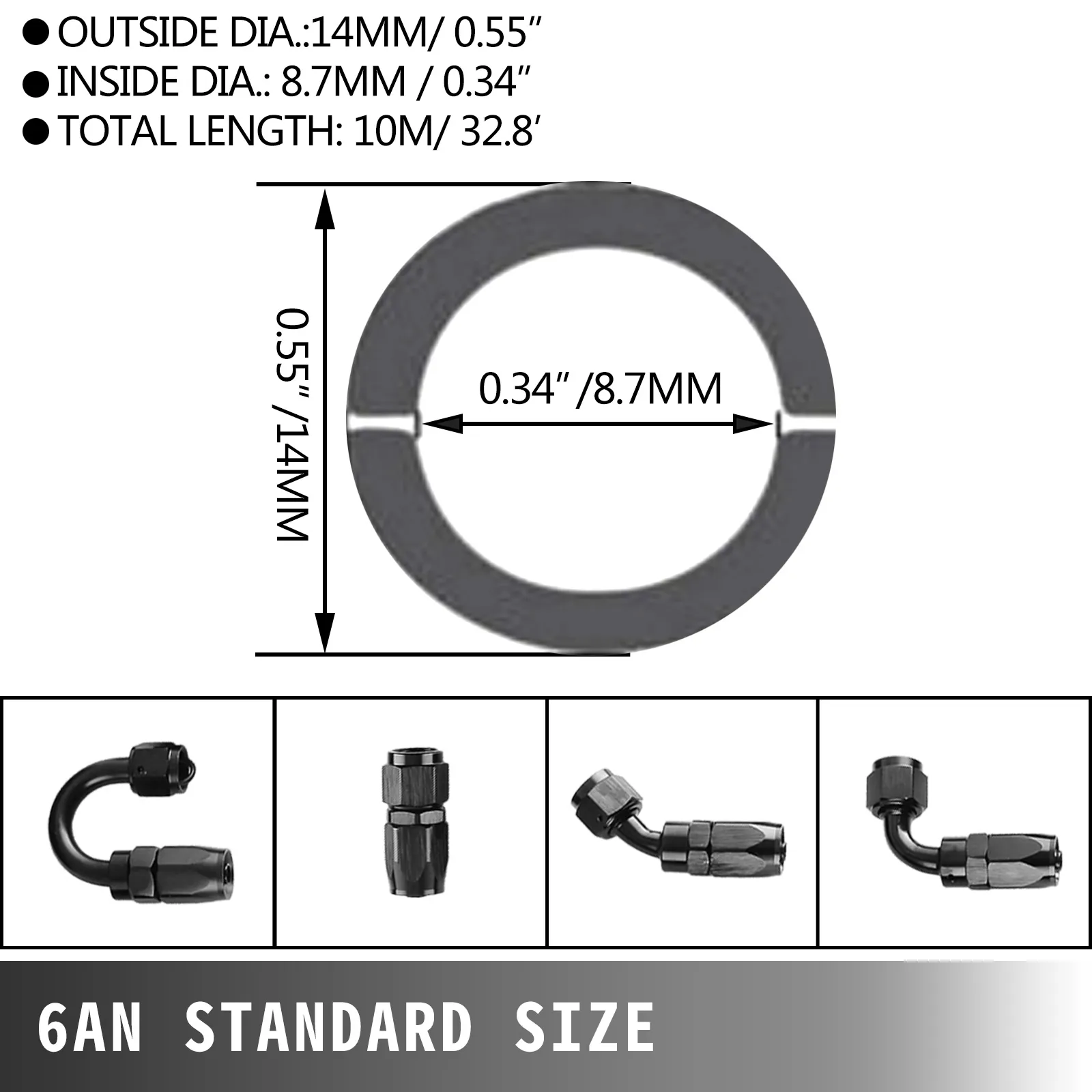 Kit de línea de combustible VEVOR 6an, 10 m de largo, 0,55" de diámetro exterior, 0,34" de diámetro interior, con accesorios.