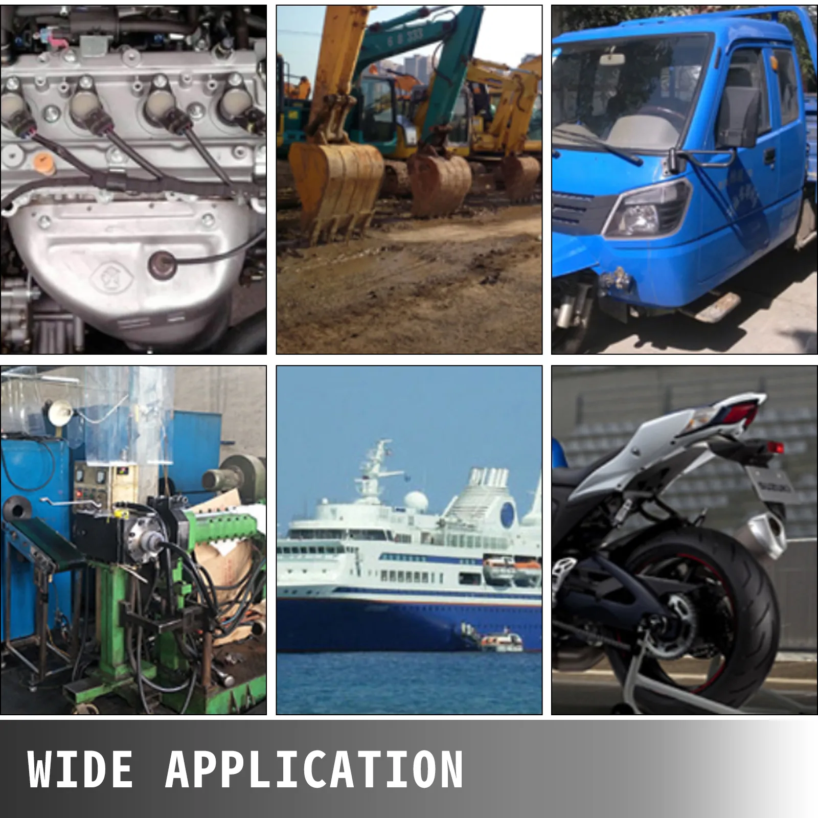 Motor, excavadoras, camión azul, maquinaria, barco y motocicleta, mostrando el kit de línea de combustible VEVOR.