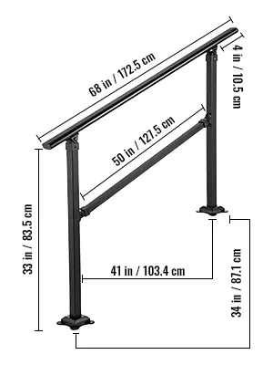 Barandilla de escalera exterior VEVOR con medidas detalladas para una fácil instalación.