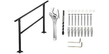 Barandilla de escalera exterior VEVOR con herramientas de instalación y componentes de hardware.