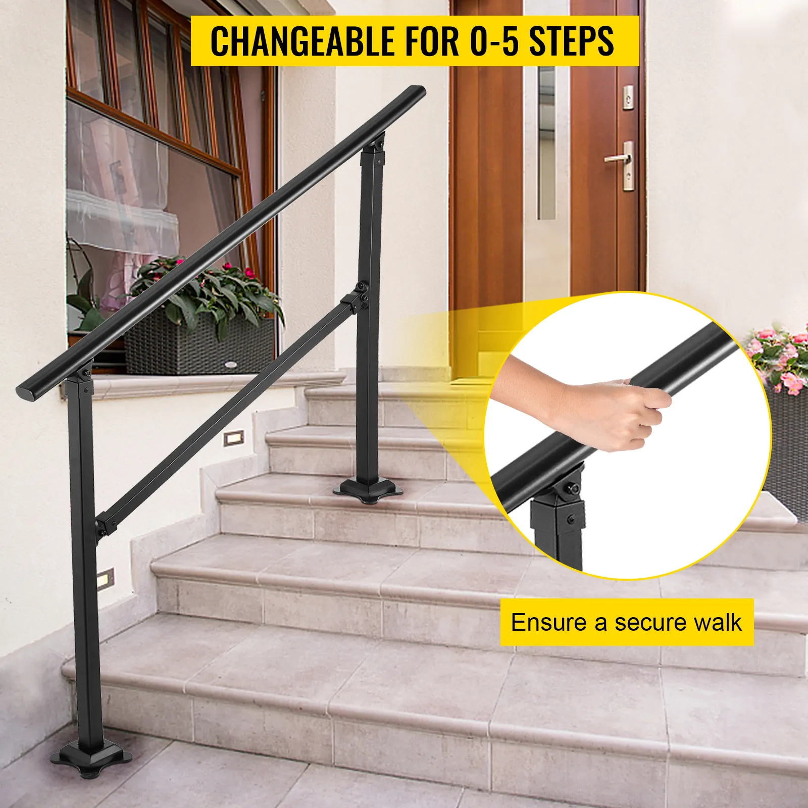 Barandilla de escalera exterior VEVOR para 0-5 escalones junto a la entrada de una casa con agarre seguro.