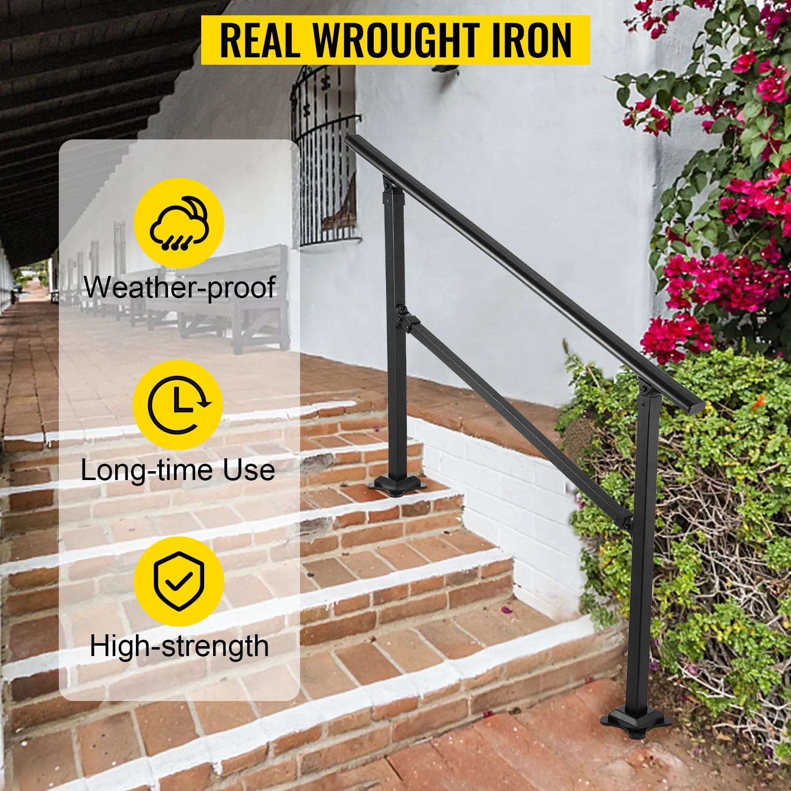 Barandilla de escalera exterior VEVOR sobre escalones de ladrillo, destacada por su resistencia a la intemperie y su alta resistencia.
