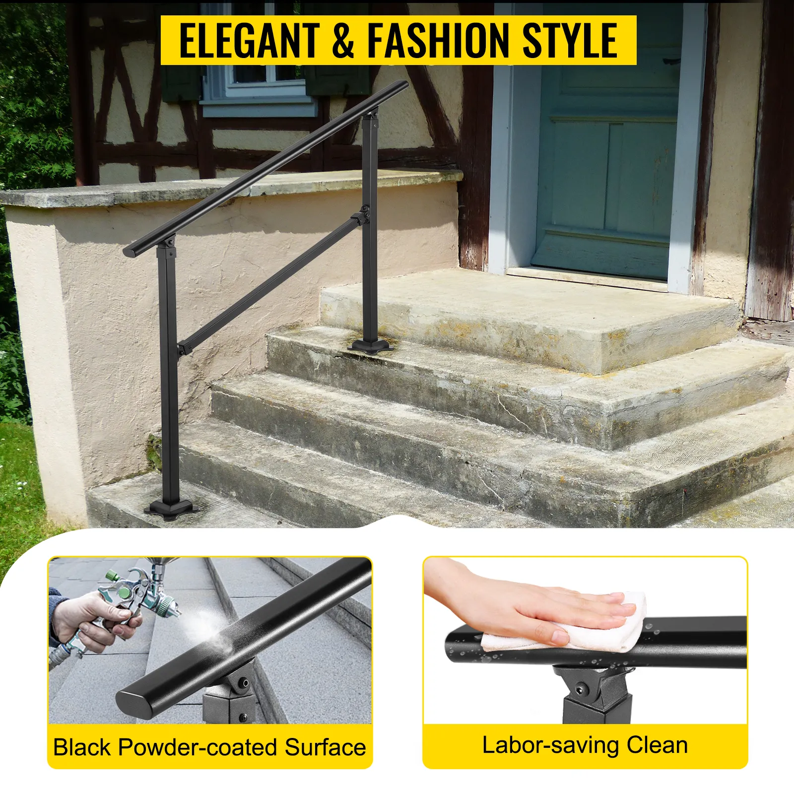 Barandilla de escalera para exterior VEVOR con superficie recubierta de polvo negro y características de fácil limpieza.
