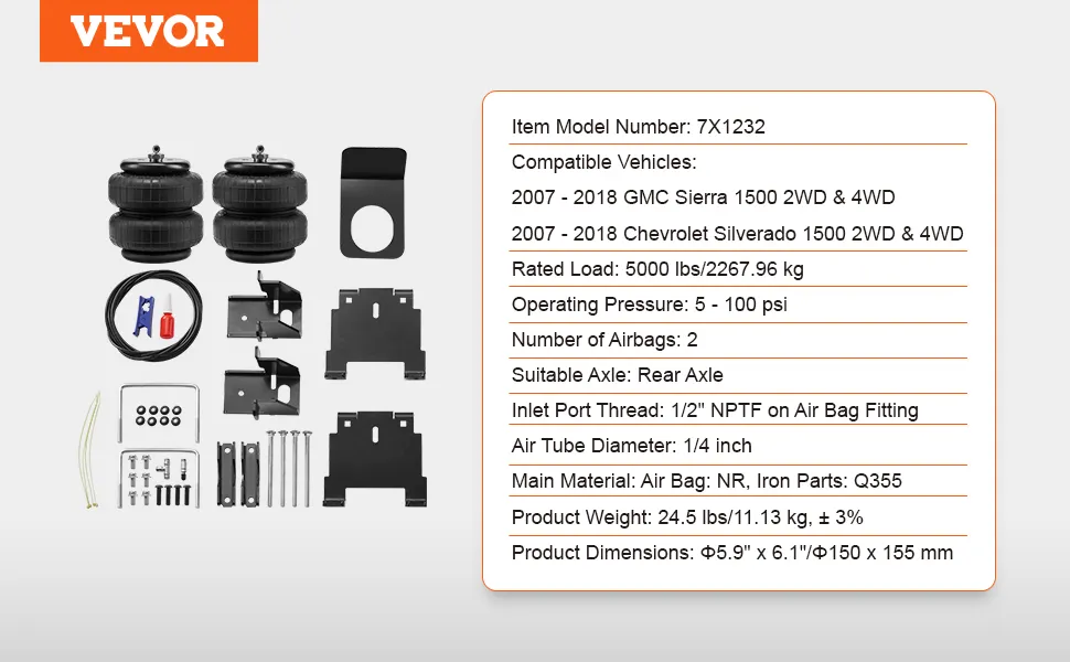 Componenti del kit di sospensione airbag VEVOR presentati con specifiche per GMC Sierra e Chevrolet Silverado.