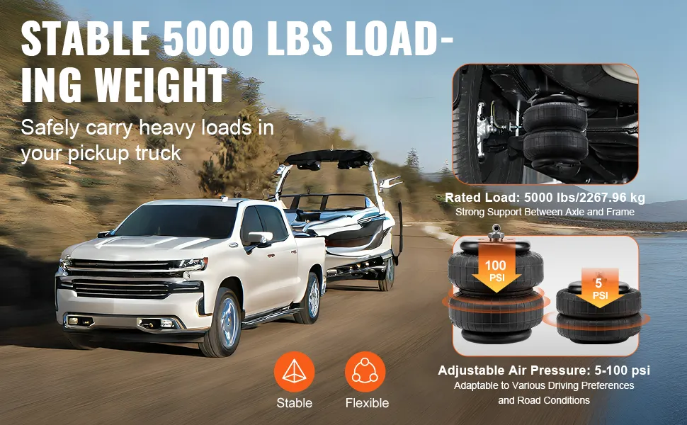 Il kit di sospensione airbag VEVOR supporta un carico di 5000 libbre, regolabile da 5 a 100 psi, ideale per i pick-up.