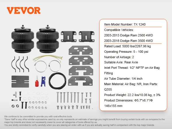 VEVOR air bag suspension kit for dodge ram 2500 and 3500, complete package with all accessories.