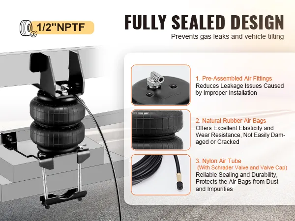 VEVOR air bag suspension kit features pre-assembled air fittings, natural rubber air bags, and a nylon air tube.