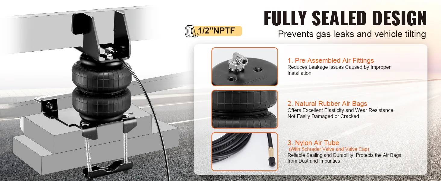 VEVOR air bag suspension kit features pre-assembled air fittings, natural rubber air bags, and a nylon air tube.