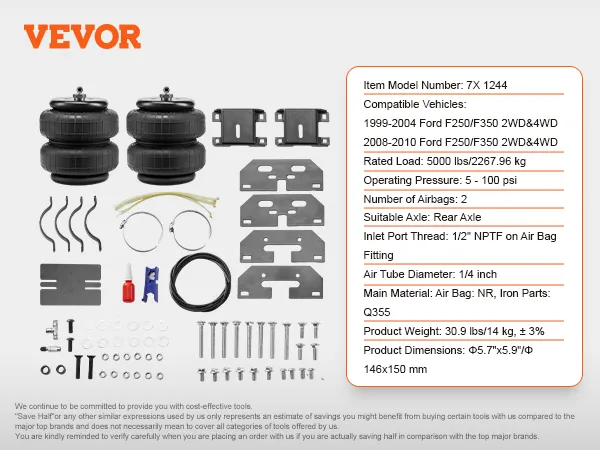 VEVOR airbag-ophangingsset voor Ford F250/F350, pakketinhoud en specificatieoverzicht.