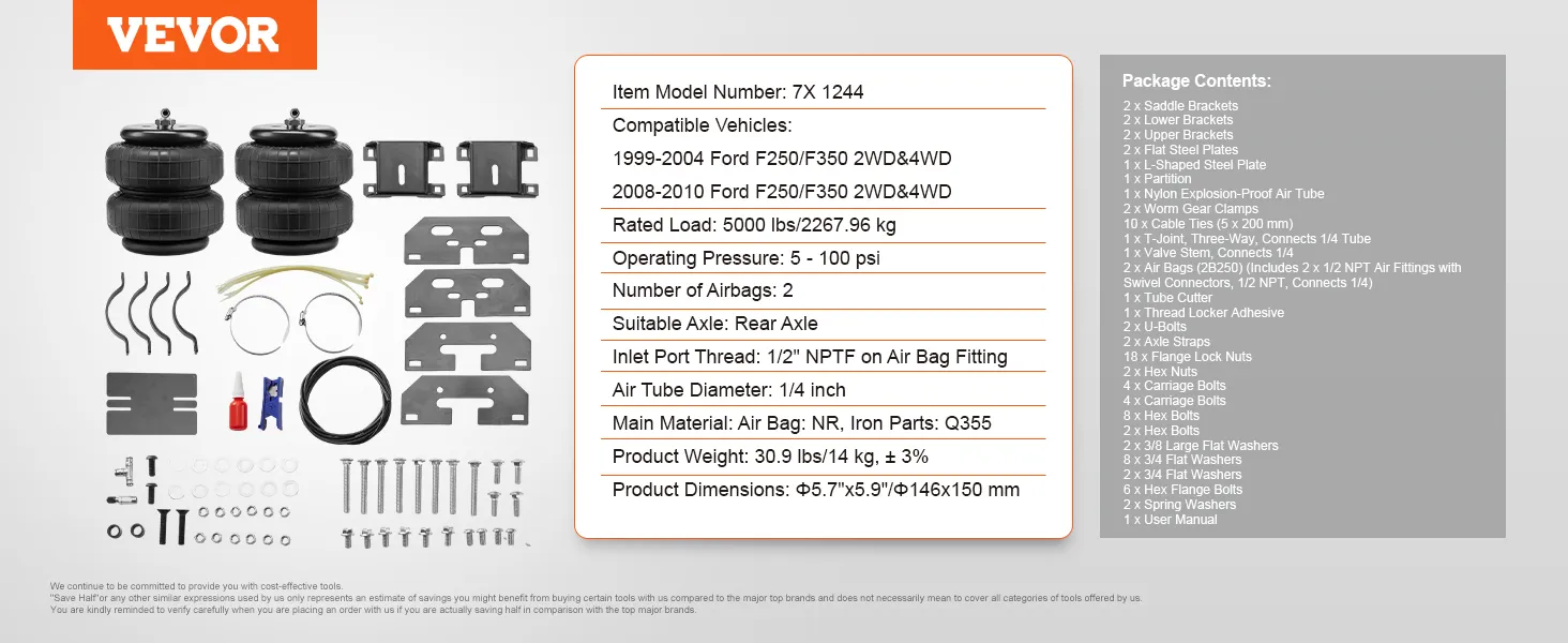 VEVOR airbag-ophangingsset voor Ford F250/F350, pakketinhoud en specificatieoverzicht.
