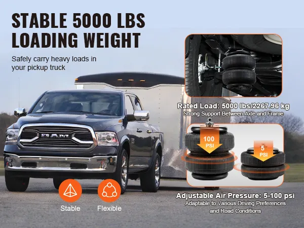 ram truck-trekwagen met VEVOR-airbagveringset; nominale belasting 5000 lbs; 5-100 psi instelbaar.