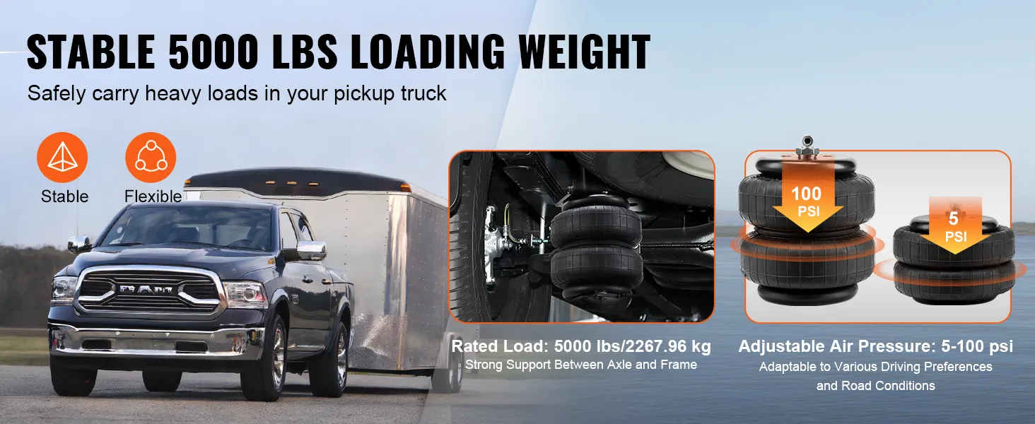 ram truck-trekwagen met VEVOR-airbagveringset; nominale belasting 5000 lbs; 5-100 psi instelbaar.