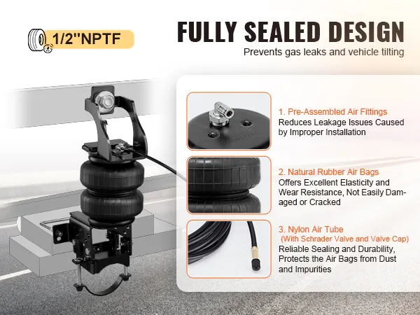 VEVOR airbag-ophangingsset met voorgemonteerde luchtaansluitingen, airbags van natuurrubber en een nylon luchtbuis.