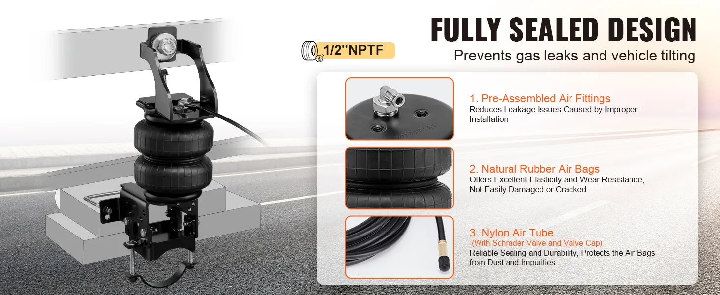 VEVOR airbag-ophangingsset met voorgemonteerde luchtaansluitingen, airbags van natuurrubber en een nylon luchtbuis.