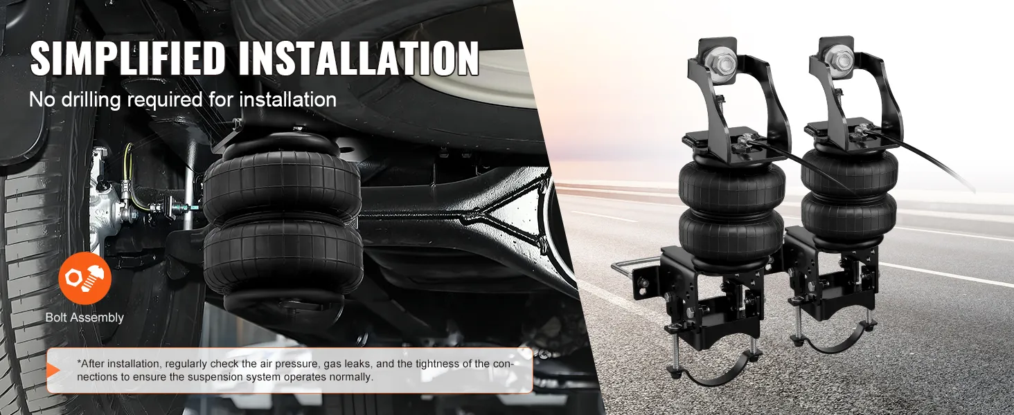 Eenvoudige installatie zonder boren voor VEVOR airbag-ophangingsset; inclusief boutmontage.