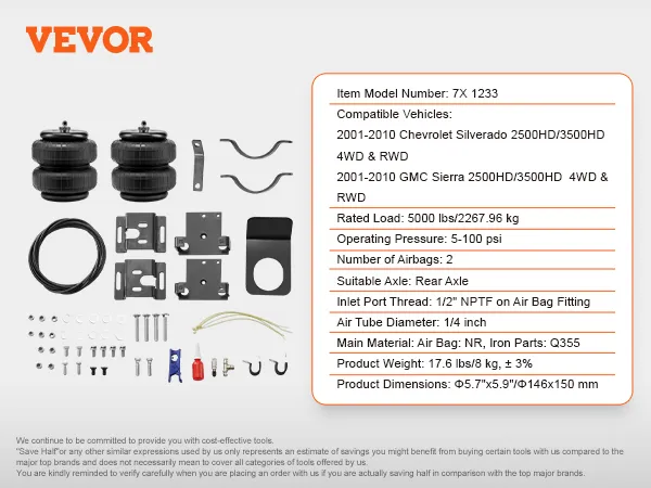 VEVOR air bag suspension kit parts laid out with compatibility, load rating, and product details.