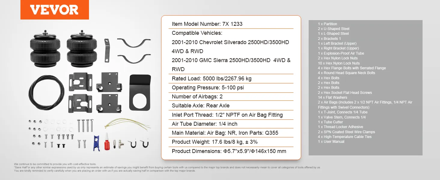 VEVOR air bag suspension kit parts laid out with compatibility, load rating, and product details.