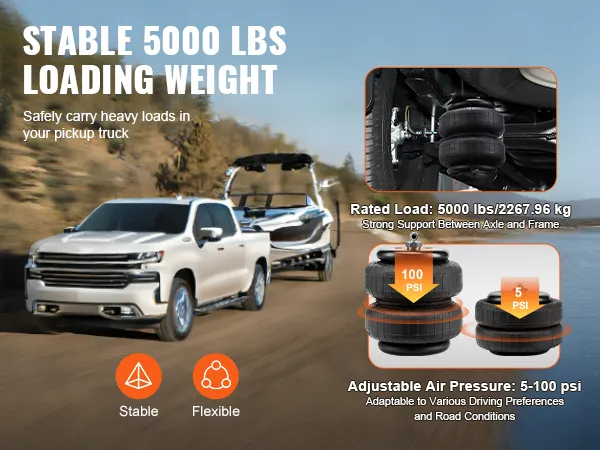 VEVOR air bag suspension kit supports 5000 lbs, boosts truck stability with 5-100 psi adjustable pressure.